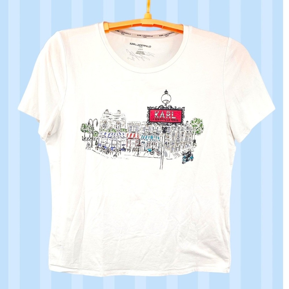 Karl Lagerfeld Paris‎ Graphic T-Shirt White Large Paris Cafe Scene Metro Sign
